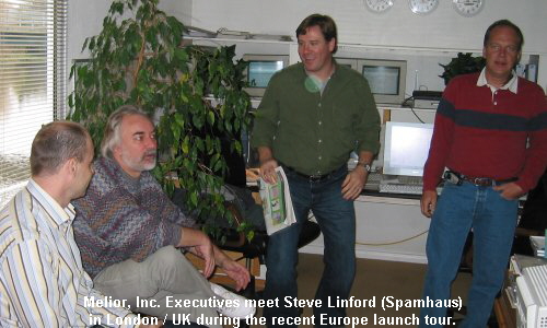 Melior, Inc. Executives meet Steve Linford (Spamhaus)
in London / UK during the recent Europe launch tour.